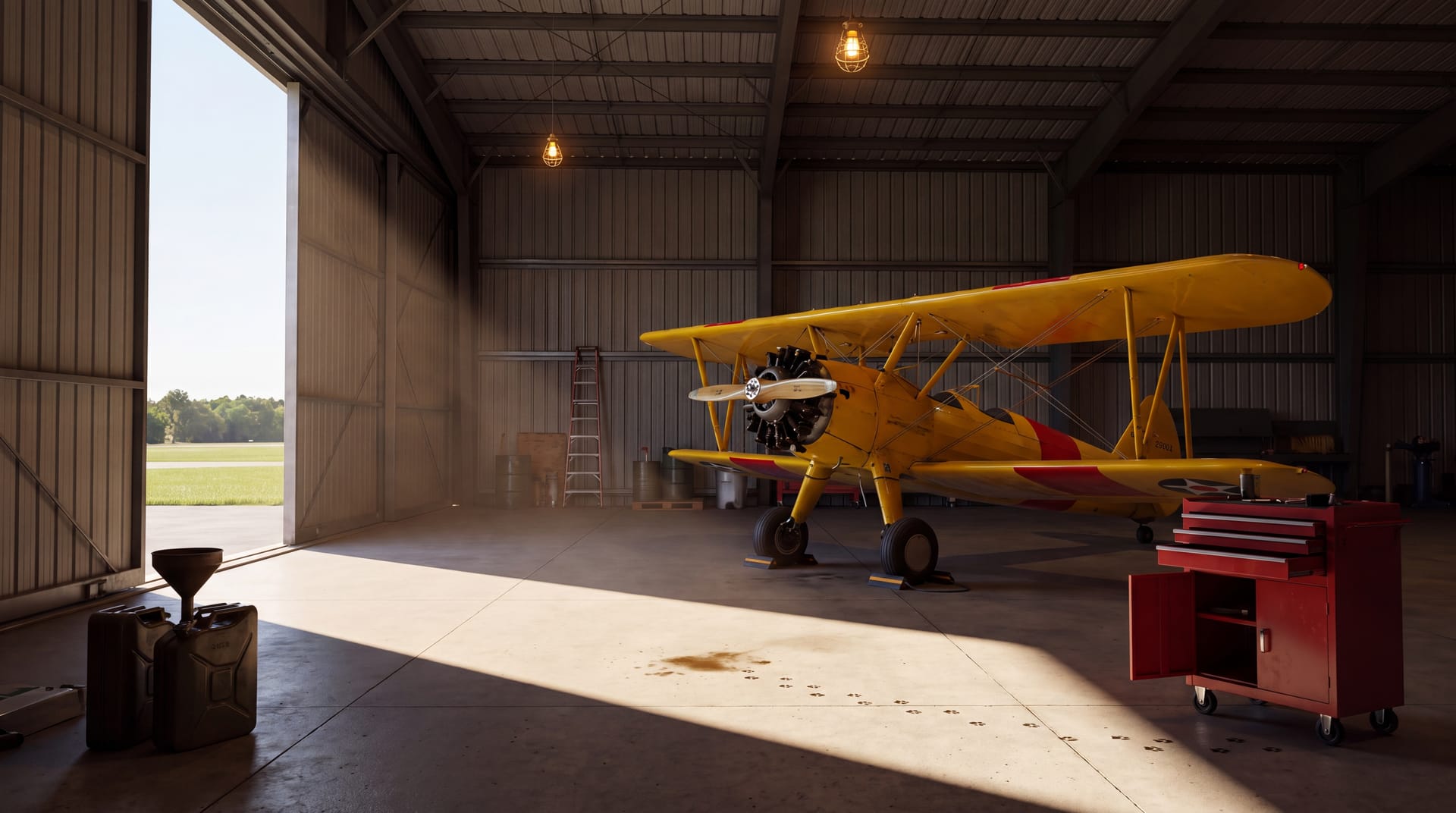 Interno dell'hangar Progetto Hangar con un Boeing Stearman in penombra